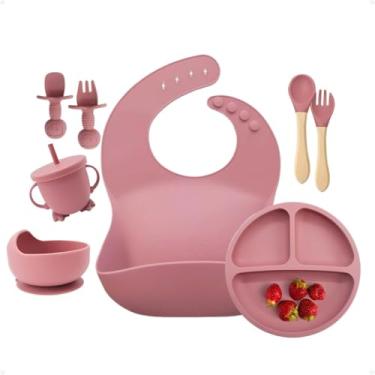 Imagem de Kit Alimentação Infantil em Silicone – Prato com Ventosa, Talheres, Tigela, Copo e Babador – Antiderrapante, Livre de BPA, Ideal para Bebês e Crianças (Vinho)