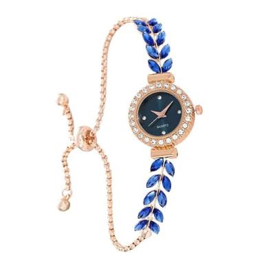 Imagem de MINILUJIA Relógio de pulso feminino elegante de luxo com pequeno mostrador dourado brilhante, folhas de oliveira, strass, vestido analógico, pulseira fina, relógio feminino, pulseira ajustável, Azul