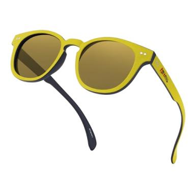Imagem de AEANU Óculos de sol polarizados para adolescentes –Lentes espelhadas coloridas UV400, armação redonda fosca, rostos pequenos – para dirigir e ar livre, Lente amarela/amarela, Small