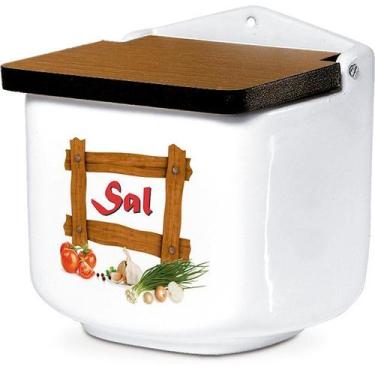 Imagem de Saleiro de Cerâmica Branco Decorado e Tampa de Madeira - SEGUNDA LINHA