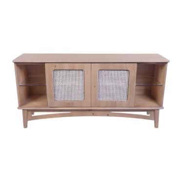 Imagem de Rack Para Tv De Madeira 2 Portas Em Rattan E 2 Prateleiras De Vidro - Avelã