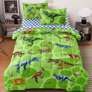 Imagem de Leaflin Conjunto de edredom infantil de dinossauro, verde, 5 peças, para meninos e meninas, 5 peças, lençol com edredom e fronhas