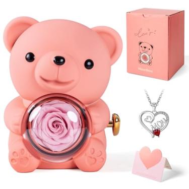 Imagem de mountova Urso de pelúcia rosa romântico com rosa preservada e colar de coração - Conjunto de presente exclusivo com quebra-cabeça de amor com caixa elegante para o dia das mães, aniversários,