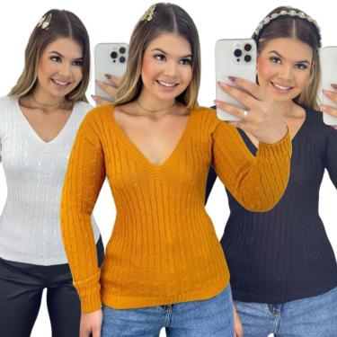 Imagem de Kit 3 Blusas Industrie Femininas Suéter Malha Tricô Manga Longa-Feminino
