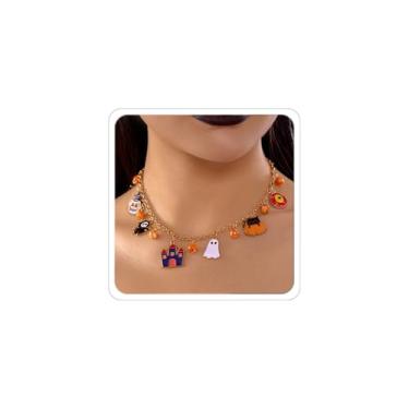 Imagem de Xeyau Colar feminino com pingente de Natal de Halloween - Colar de clipe de papel dourado delicado com pingente de boneco de neve, Papai Noel, floco de neve, fantasma, espírito, abóbora e gato