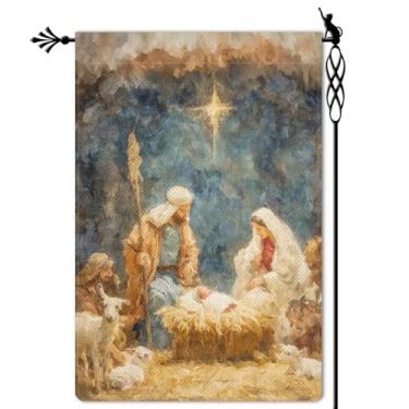 Imagem de Jauageon O Holy Night Bandeira de jardim presépio bandeira de jardim religião hexagrama vertical dupla face rústica terra agrícola serapilheira jardim gramado decoração ao ar livre 31,8 x 45,7 cm