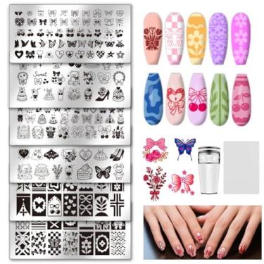 Imagem de UNICRAFTALE Conjunto de 6 peças de placas de estampagem de unhas, flor de borboleta, design de urso minúsculo, modelos de estampagem de unhas de aço inoxidável, kit de estêncil de unha com carimbo e