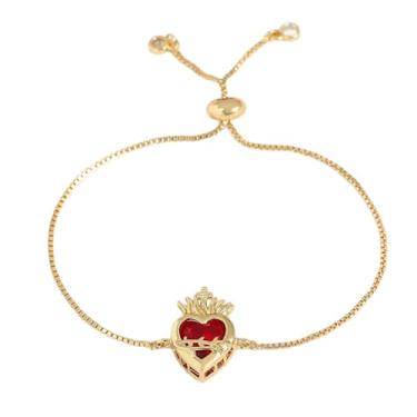 Imagem de CHUQIU Pulseiras femininas com pingente de coração de Jesus banhado a prata e zircão vermelho/rosa / prata para presentes cristãos, red zircon gold, Sem Pedra Preciosa