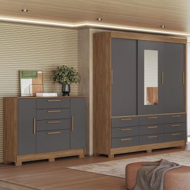 Imagem de Quarto Guarda-roupas 3 Portas Com Espelho E Cômoda Dante Estilo Mm Jatoba Grafitte