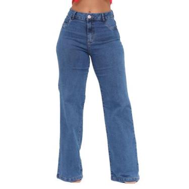 Imagem de Calça Jeans Feminina Wide Leg Reta Pantalona Levanta Empina Bumbum Bol