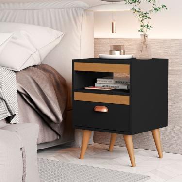 Imagem de Kit 2 Mesas de Cabeceira Sal com 1 Gaveta Preto/ypê/preto