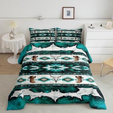 Imagem de Feelyou Conjunto de edredom asteca ocidental de couro bovino com estampa de caveira retrô com 2 fronhas, boêmio, rústico, casa de fazenda, chapéu de caubói, botas, decoração de quarto, edredom