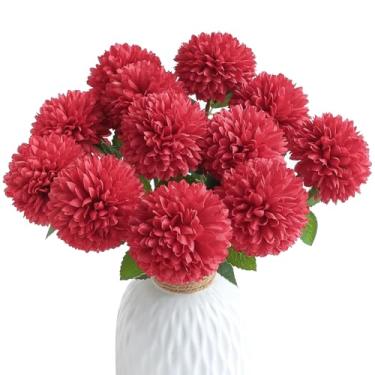Imagem de Floroom 12 peças de flores artificiais vermelhas escuras de seda sintética, crisântemos falsos a granel com hastes para buquês de casamento, mesa, centros de mesa, arranjos florais, enchimentos