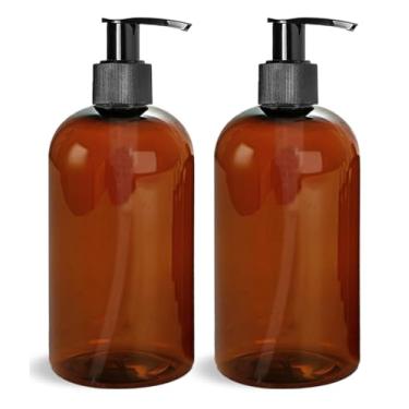 Imagem de ljdeals Garrafas de plástico âmbar de 473 ml com bombas, dispensador de sabão, frascos vazios, recipientes recarregáveis espremíveis para xampu, loção, creme e mais... Pacote com 2, sem BPA, feito nos