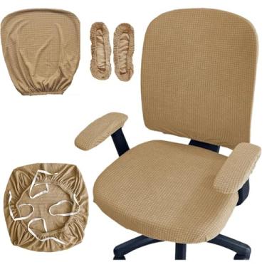 Imagem de HAPPYDOG Conjunto de 4 capas de cadeira de escritório, extensíveis, giratórias, para cadeira de computador, com capas para apoio de braço (Camel)