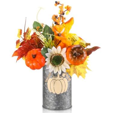 Imagem de SiliFine Decoração de mesa de Ação de Graças, vintage, artificial, caules de flores de outono, folhas de abóbora, palitos de frutas silvestres com pote de metal para outono, fazenda, hotel, escritório