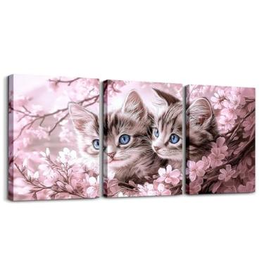 Imagem de Erosebridal Arte de parede em tela de gato fofo impressões de imagens de flor de cerejeira, decoração de parede de gatinho de flor rosa para quarto de banho, pôsteres emoldurados de animais Sakura