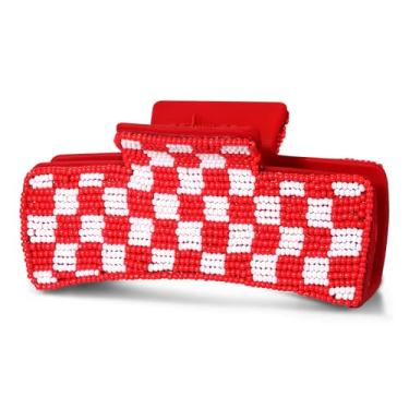 Imagem de Grampo de cabelo de dia de jogo para mulheres com contas quadriculadas beisebol futebol clipes de cabelo roupas dia de jogo esportes fãs de futebol mãe acessórios presentes (vermelho branco 2)