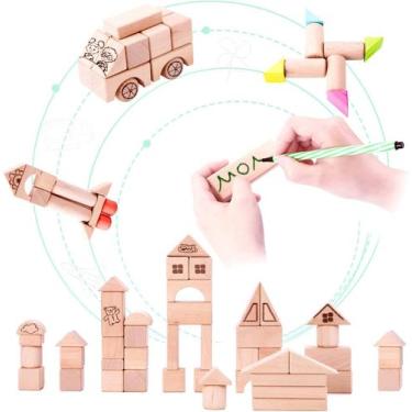 Imagem de Conjunto de blocos de construção de madeira, 72 PCS Madeira Natural Em