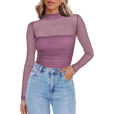 Imagem de Top Zeagoo feminino de malha transparente franzida com gola de tartaru