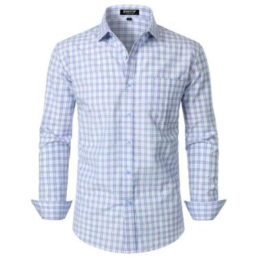 Imagem de Camisa masculina JEMITOP de manga comprida, justa, xadrez, branca, azu