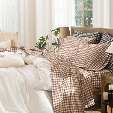 Imagem de MooMee Jogo de lençol guingão 100% algodão lavado, como textura, respirável, macio com bolso profundo de 40,6 a 48 cm (cinza escuro, vermelho)