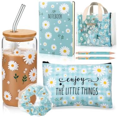 Imagem de Potchen Conjunto de 7 peças de presentes de margarida para mulheres, presente de aniversário para ela, margarida fofa, copo de vidro de 473 ml, com bolsa de cosméticos de palha, caneta, laço de cabelo