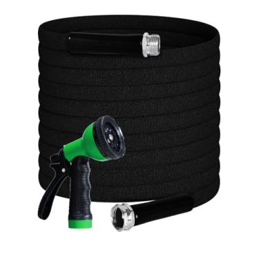 Imagem de DTRK Mangueira de jardim 1,5 cm x 3,0 m de mangueiras de água duráveis com bocal de mangueira de 7 funções, mangueiras de jardim flexíveis e leves, sem dobras, mangueira de tecido extra resistente para limpeza de irrigação (preto)