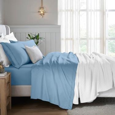 Imagem de Superior Jogo de lençol de 5 peças de algodão egípcio, 650 fios, design moderno, lençóis sustentáveis, básicos ultramacios, liso, lençol com elástico alto, lençol de cima, fronhas, King dividido, azul