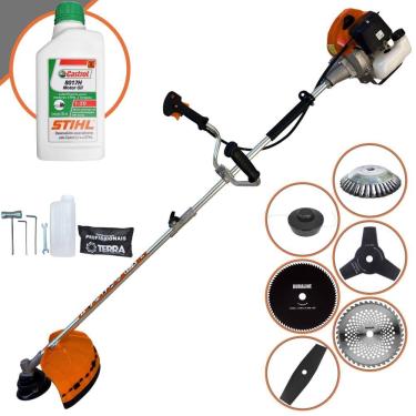 Imagem de Roçadeira À Gasolina Terra GRHB-430 Bipartida 43cc Com Lâmina 2 Pontas e Carretel + Facas 3 Pontas, 40 Dentes de Vídea, 80 Dentes, Escova + ÓLEO STIHL