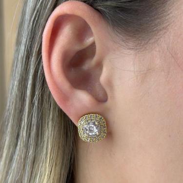 Imagem de Brinco Quadrado Cravejado Zircônias Pedra Central Banhado em Ouro 18k 