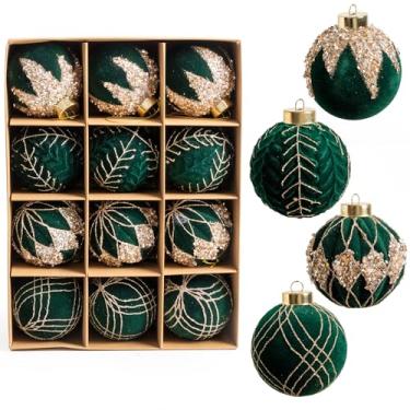 Imagem de 12 peças de enfeite de bola de veludo para o Natal, 8 cm (12, verde escuro)