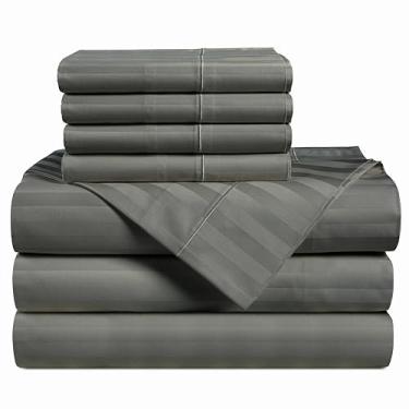 Imagem de Casa Platino Conjunto de lençóis King divididos 100% algodão egípcio – 7 peças – listras damasco – Conjunto de lençóis King divididos de hotel de luxo para camas ajustáveis, totalmente elástico com