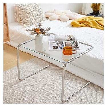 Imagem de Mesa de centro de design simples sofá lateral poucas criativas de aço inoxidável mini mesa de centro de vidro simples canto de metal várias prateleiras mesas laterais minimalistas para sala de estar