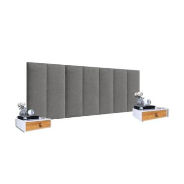 Imagem de Kit 2 Mesas De Cabeceira Suspensa MDF E Cabeceira 1,40 Cinza Suede Adesiva (Pérola/Nature - Cinza)