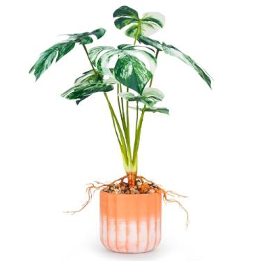 Imagem de Yanflerent Planta alta falsa Monstera, árvore falsa de 8 folhas em vaso de cerâmica vermelha e branca, plantas artificiais internas e externas, planta decorativa de chão para sala de estar, decoração