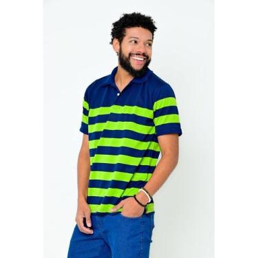 Imagem de Camisa Polo John Masculina Listrada Slim Camisaria Colombo, Azul marin