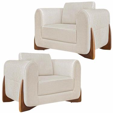 Imagem de Kit 2 Poltronas Decorativas Pés em Madeira Buzz Linho Off White Rústico - Gran Belo