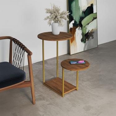 Imagem de Mesa Lateral Moderna Dourado Cibele Tampo Redondo Freijó