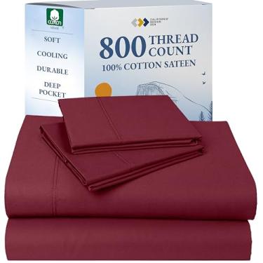 Imagem de California Design Den Jogo de lençóis king size 100% algodão natural - Hotel de luxo 800 fios cetim, conjunto de lençóis king size, elástico antiderrapante para um ajuste confortável, fresco e durável