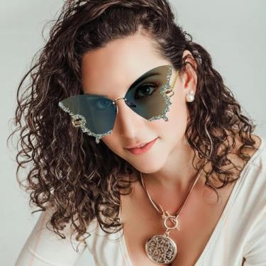 Imagem de Óculos de sol Diamond Butterfly sem aro – Óculos de sol modernos de borboleta de strass de cristal proteção UV para mulheres e homens festa, Azul dégradé cinza