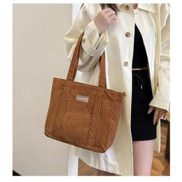 Imagem de Bolsa feminina de veludo cotelê de lona, bolsa de ombro com zíper, casual, bolsa de ombro de grande capacidade para viagens e trabalho