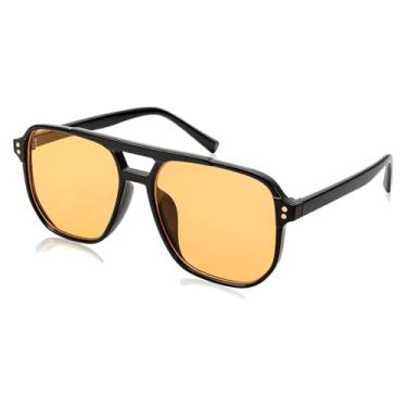 Imagem de Óculos de sol quadrados aviador vintage modernos para mulheres masculinas retrô anos 70 mulheres óculos de sol, Preto, amarelo