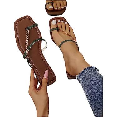 Imagem de Sandálias femininas de bico quadrado chinelo plano moda sandália sapatos clipe de corrente chinelos de verão chinelos chinelos, Verde militar, 6.5