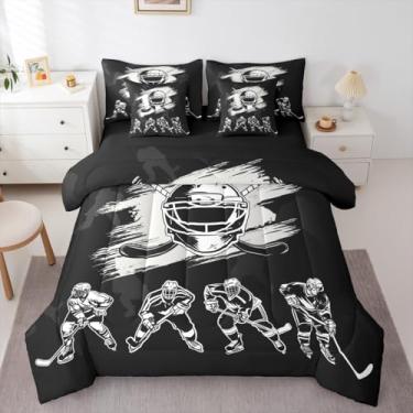Imagem de Erosebridal Jogo de cama Queen para jogador de hóquei, 7 peças, jogos de esportes de inverno no gelo, cama em uma bolsa, capacete, patins, conjunto de cama inclui edredom, conjunto de lençol, fronhas