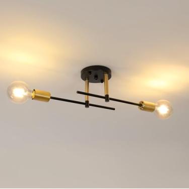 Imagem de ​​Luminária de Teto Sputnik Moderna com 2 Lâmpadas nas Cores Preta e Dourada, Design de Meados do Século, para Sala de Jantar, Sala de Estar, Quarto, Banheiro e Outros Ambientes​