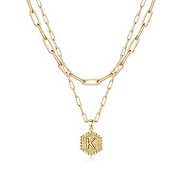 Imagem de Colar de ouro delicado para mulheres - colares de elos em camadas banhados a ouro amarelo 18K, lindos colares hexagonais com letra inicial e joias presentes