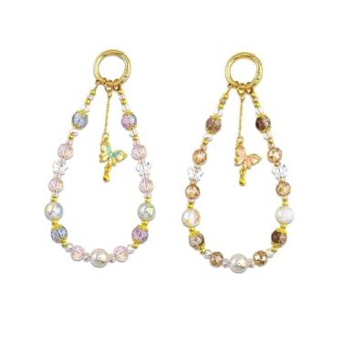 Imagem de 2 peças chaveiro com contas pulseira borboleta pingente de telefone com contas de cristal para câmera, pingentes para bolsa, pingentes para decoração feminina (verde e rosa)