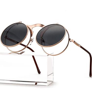 Imagem de AIEYEZO Óculos de sol redondos dobráveis para homens e mulheres Rave, estilo retrô Steampunk dos anos 90, A3 ouro rosa/cinza, MM