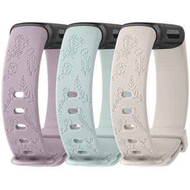 Imagem de Meliya Pulseira de substituição para Fitbit Inspire 3 para mulheres e homens, pulseiras de silicone com gravação floral para Fitbit Inspire 3 Fitness Tracker (cinza lavanda + suculenta + luz das